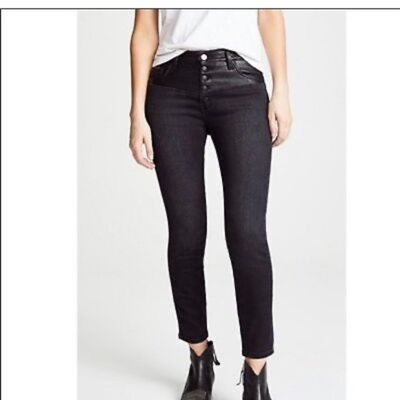 Current Elliott  The Fused High Waist Stiletto Jeans Faux-Leather Trim - Picture 1 of 15